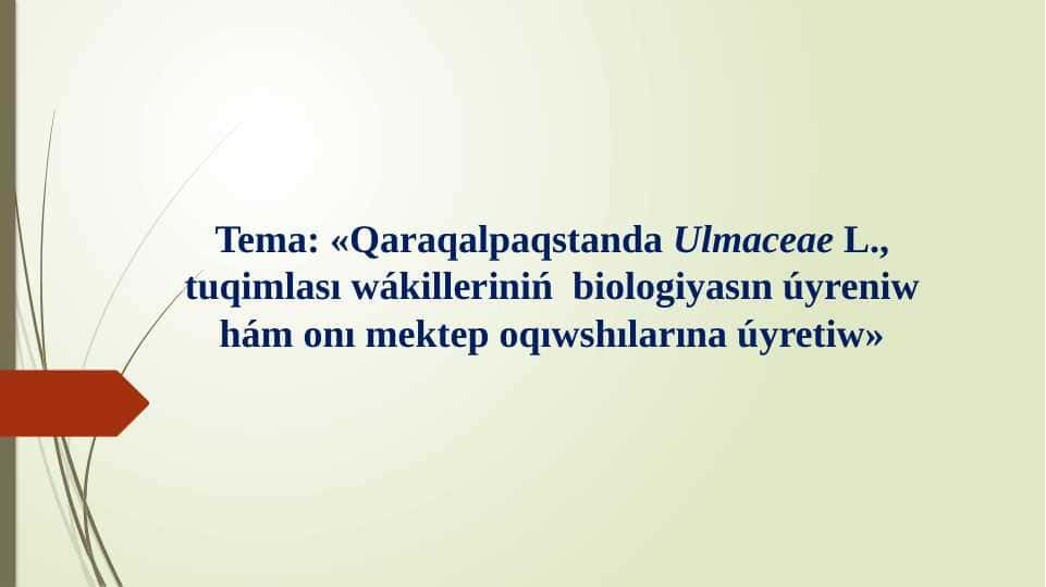«Qaraqalpaqstanda Ulmaceae L., tuqimlası wákilleriniń biologiyasın úyreniw hám onı mektep oqıwshılarına úyretiw»