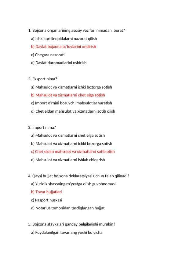 Bojxonaga kiruvchilar uchun test savolari xxxxxxxxxx