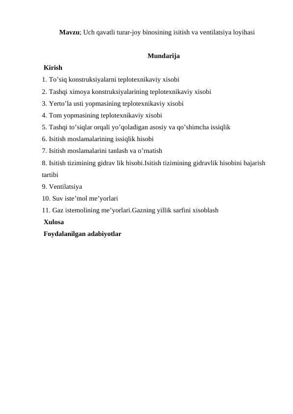 Uch qavatli turar-joy binosining isitish va ventilatsiya loyihasi