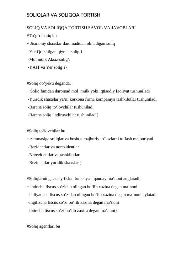 SOLIQ VA SOLIQQA TORTISH SAVOL VA JAVOBLARI docx