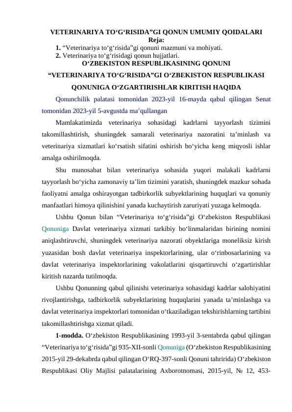 VETERINARIYA TO‘G‘RISIDA”GI QONUN UMUMIY QOIDALARI