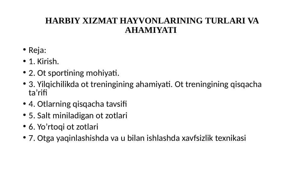 HARBIY XIZMAT HAYVONLARINING TURLARI VA AHAMIYATI