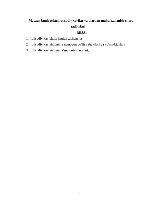 Jamiyatdagi iqtisodiy xavflar va ulardan muhofazalanish chora-tadbirlari