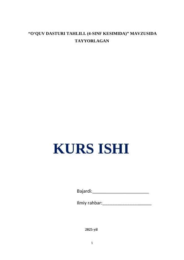 O‘QUV DASTURI TAHLILI. (4-SINF KESIMIDA)
