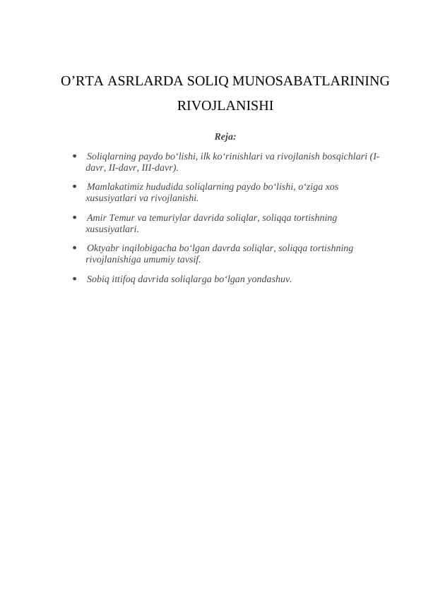 O’RTA ASRLARDA SOLIQ MUNOSABATLARINING RIVOJLANISHI