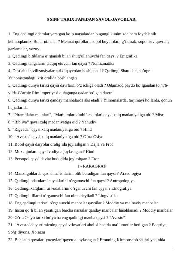 6 SINF TARIX FANIDAN SAVOL-JAVOBLAR.