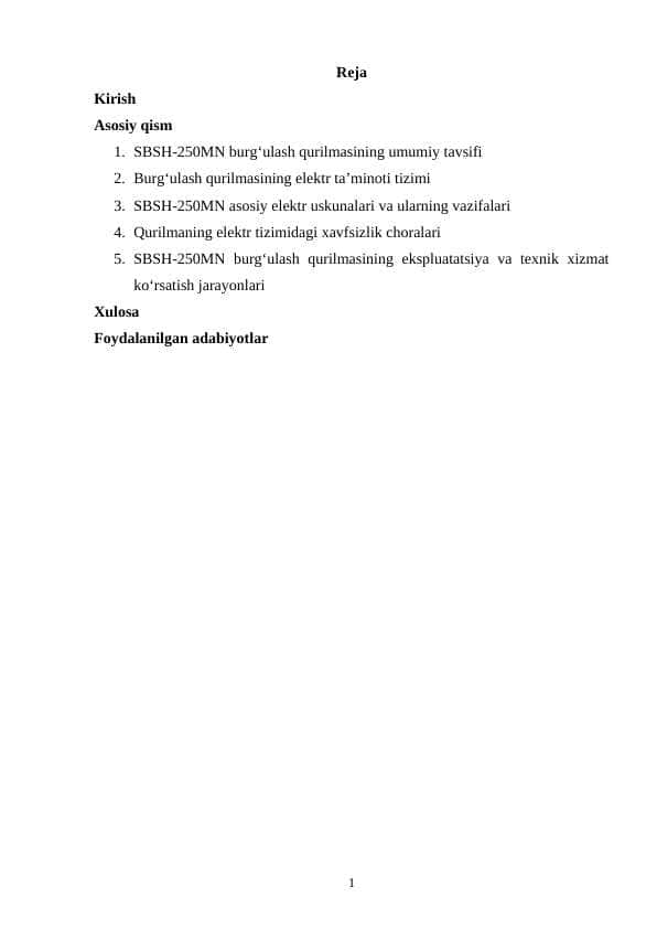 SBSH-250MN burgʻulash qurilmasi asosiy elektr uskunalari