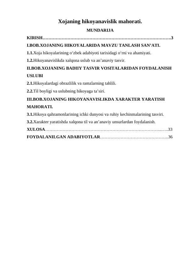 Xojaning hikoyanavislik mahorati.