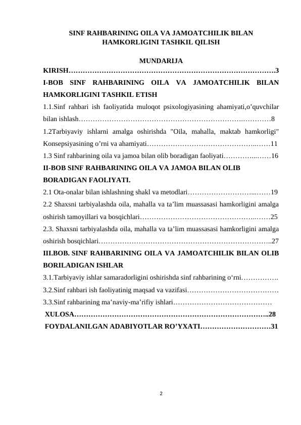 SINF RAHBARINING OILA VA JAMOATCHILIK BILAN HAMKORLIGINI TASHKIL QILISH