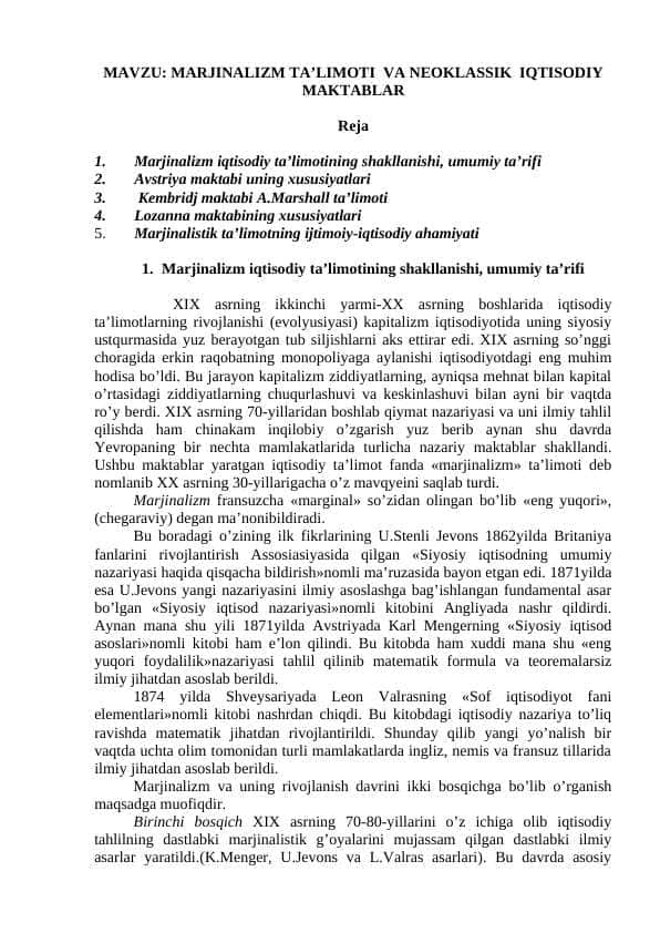 MARJINALIZM TA’LIMOTI VA NEOKLASSIK IQTISODIY MAKTABLAR