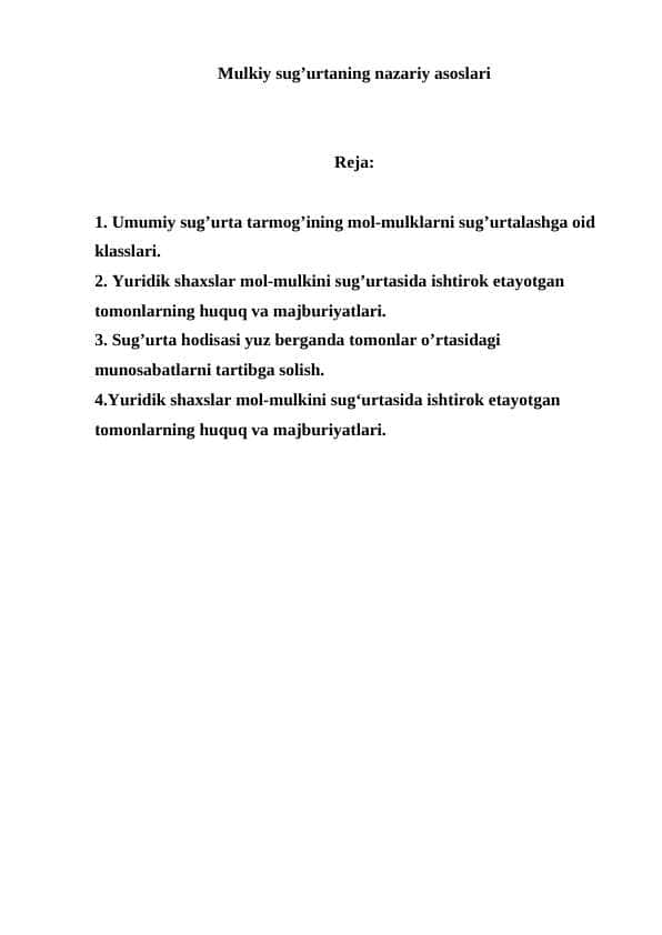 Mulkiy sug’urtaning nazariy asoslari