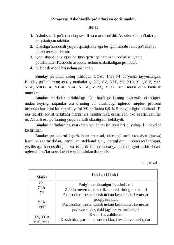 Asbobsozlik po’latlari va qotishmalar.