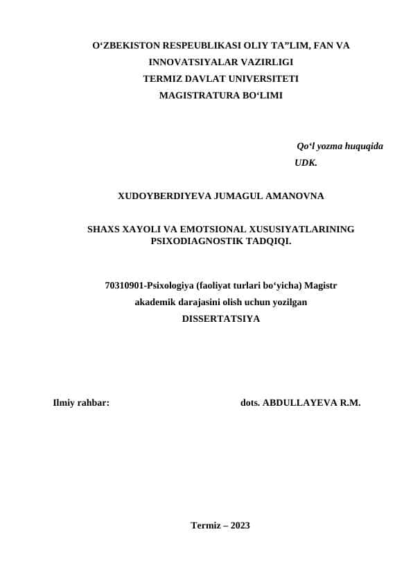 SHAXS XAYOLI VA EMOTSIONAL XUSUSIYATLARINING PSIXODIAGNOSTIK TADQIQI