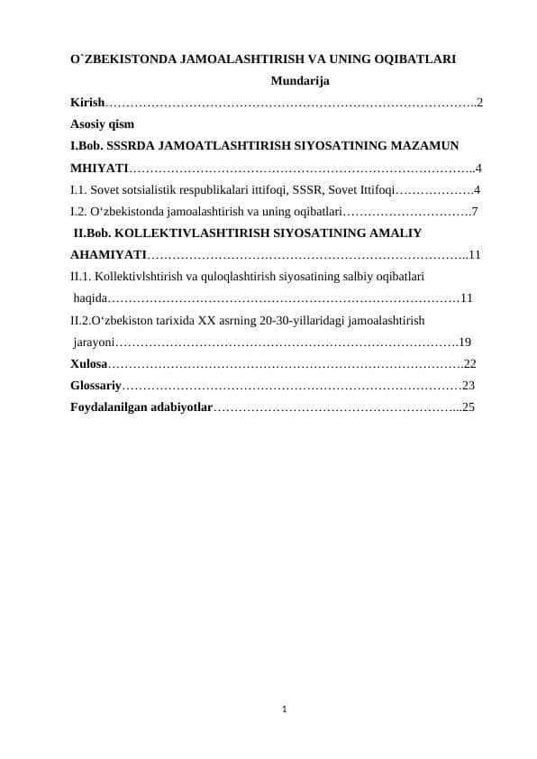O`ZBEKISTONDA JAMOALASHTIRISH VA UNING OQIBATLARI