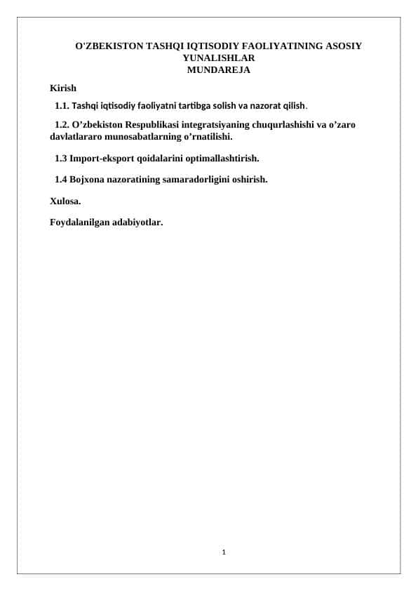 O'ZBEKISTON TASHQI IQTISODIY FAOLIYATINING ASOSIY YUNALISHLAR