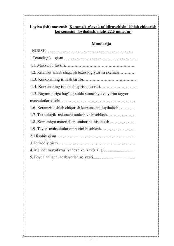 Keramzit g’ovak to’ldiruvchisini ishlab chiqarish korxonasini loyihalash