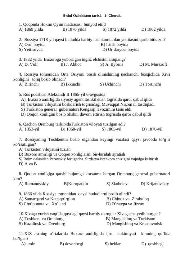 Tarix fanidan 9 sinf test