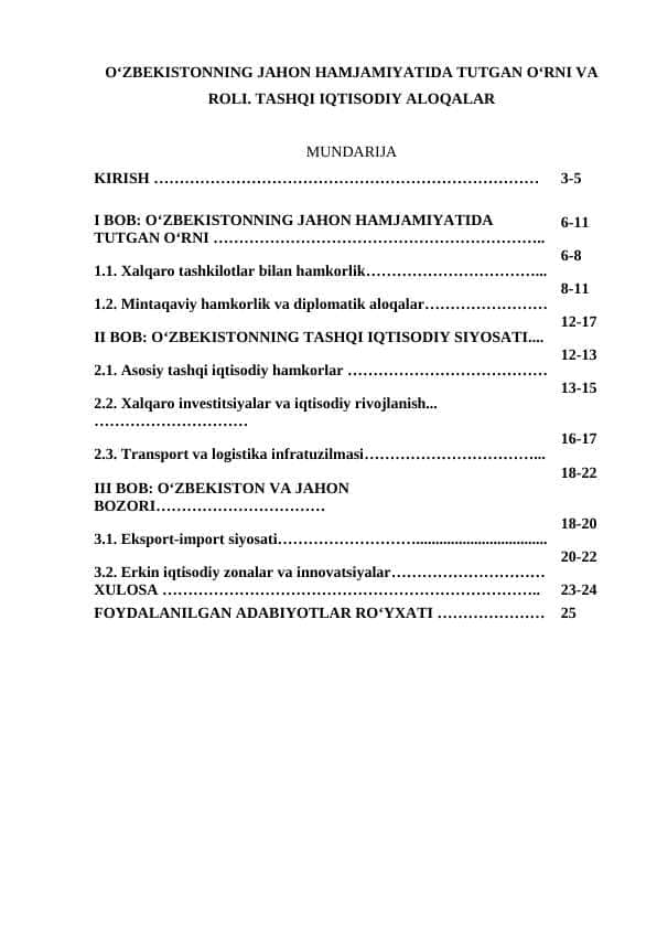 O‘ZBEKISTONNING JAHON HAMJAMIYATIDA TUTGAN O‘RNI VA ROLI. TASHQI IQTISODIY ALOQALAR