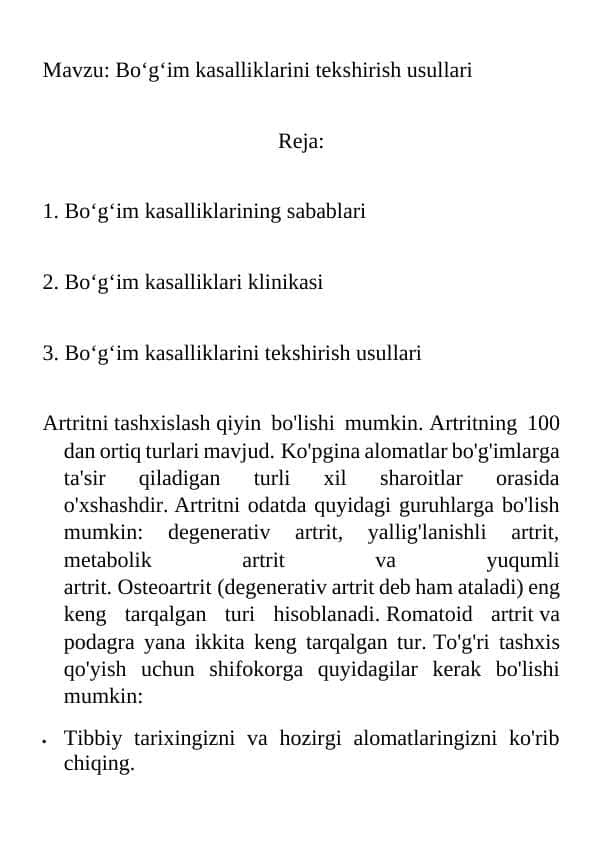 Bo‘g‘im kasalliklarini tekshirish usullari
