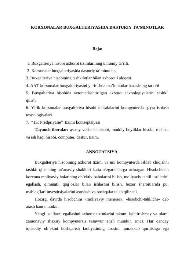 KORXONALAR BUXGALTERIYASIDA DASTURIY TA'MINOTLAR