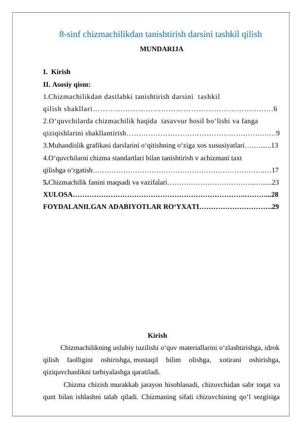 8-sinf chizmachilikdan tanishtirish darsini tashkil qilish