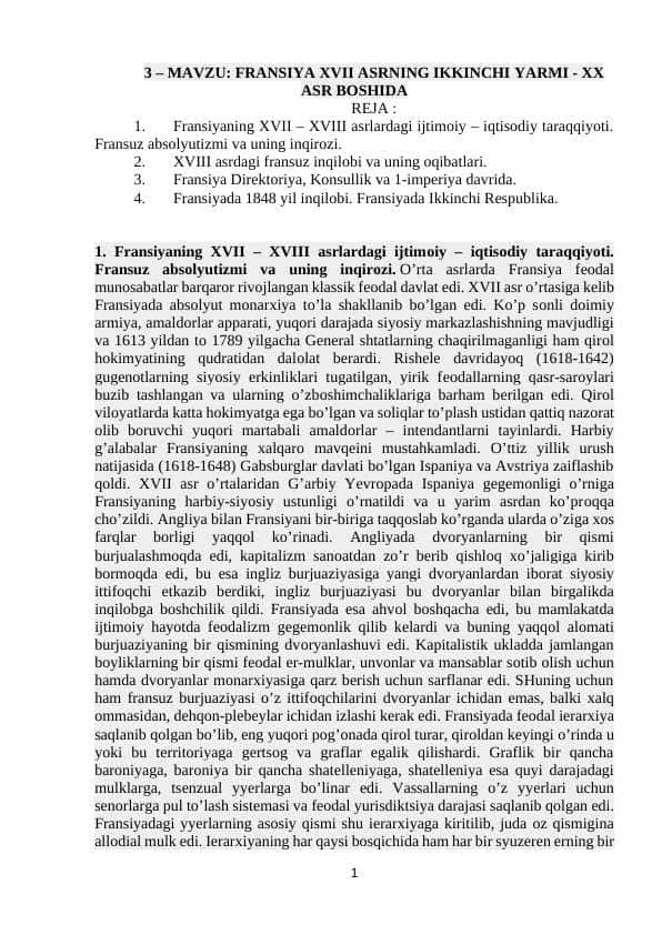 FRANSIYA XVII ASRNING IKKINCHI YARMI - XX ASR BOSHIDA