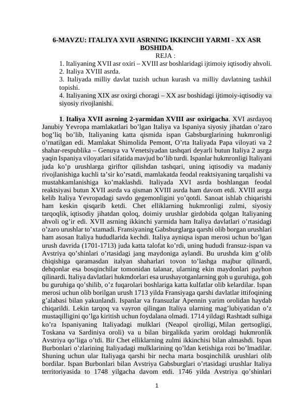 ITALIYA XVII ASRNING IKKINCHI YARMI - XX ASR BOSHIDA