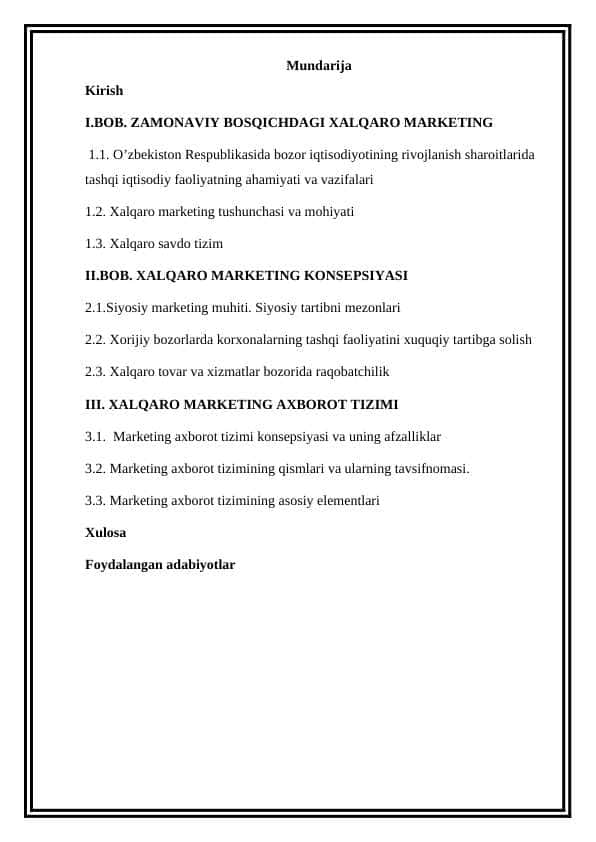 Xalqaro marketingda barqaror raqobat afzalligini yaratish