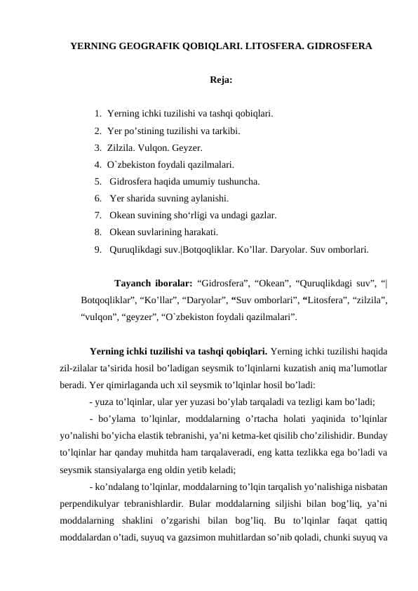 YERNING GEOGRAFIK QOBIQLARI. LITOSFERA. GIDROSFERA