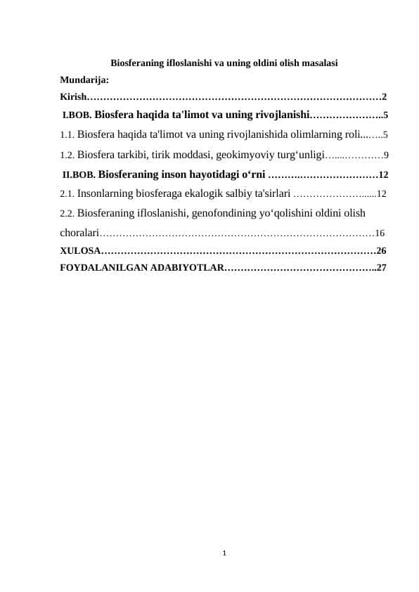 Biosferaning ifloslanishi va uning oldini olish masalasi