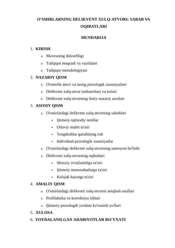 O'SMIRLARNING DELIKVENT XULQ-ATVORI SABAB VA OQIBATLARI