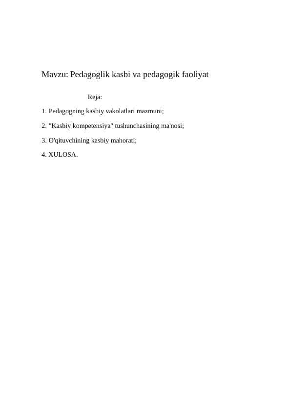 Pedagoglik kasbi va pedagogik faoliyat