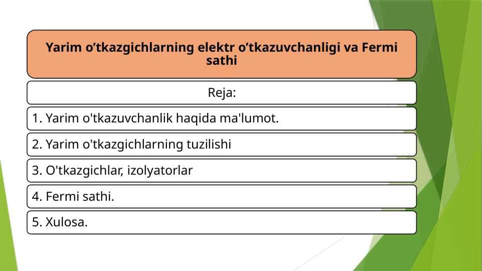 Yarim o’tkazgichlarning elektr o’tkazuvchanligi va Fermi sathi