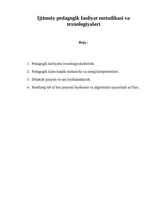 Ijtimoiy pedagogik faoliyat metodikasi va texnologiyalari