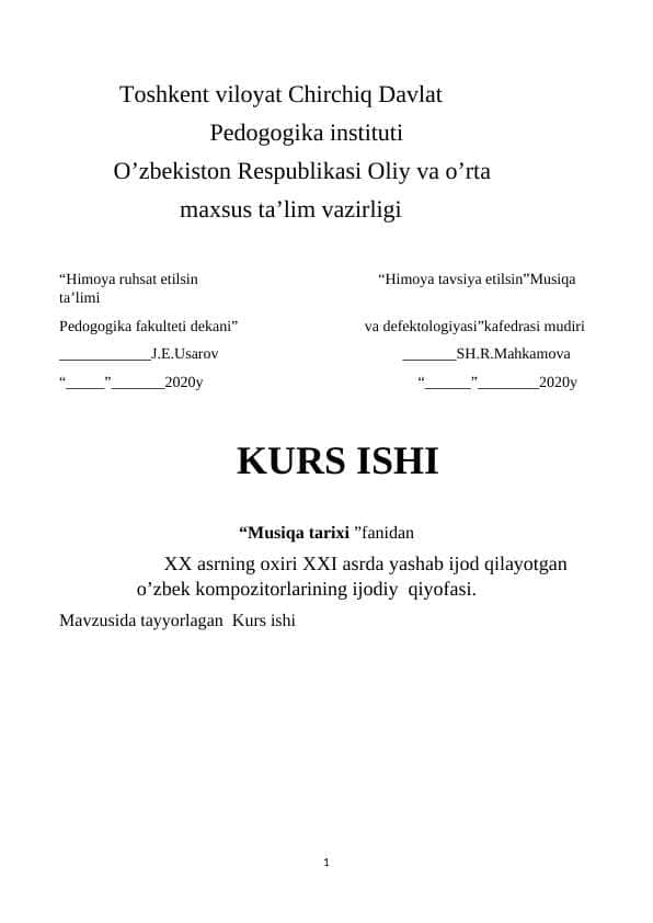 XX asrning oxiri XXI asrda yashab ijod qilayotgan o’zbek kompozitorlarining ijodiy qiyofasi.