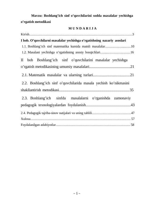 Boshlang’ich sinf o’quvchilarini sodda masalalar yechishga o’rgatish metodikasi