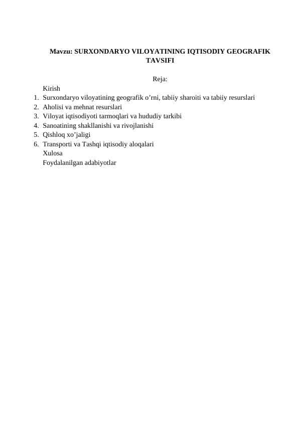 SURXONDARYO VILOYATINING IQTISODIY GEOGRAFIK TAVSIFI