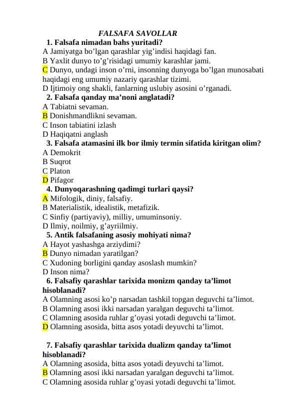 FALSAFA SAVOLLAR Amaliy fanlar universiteti