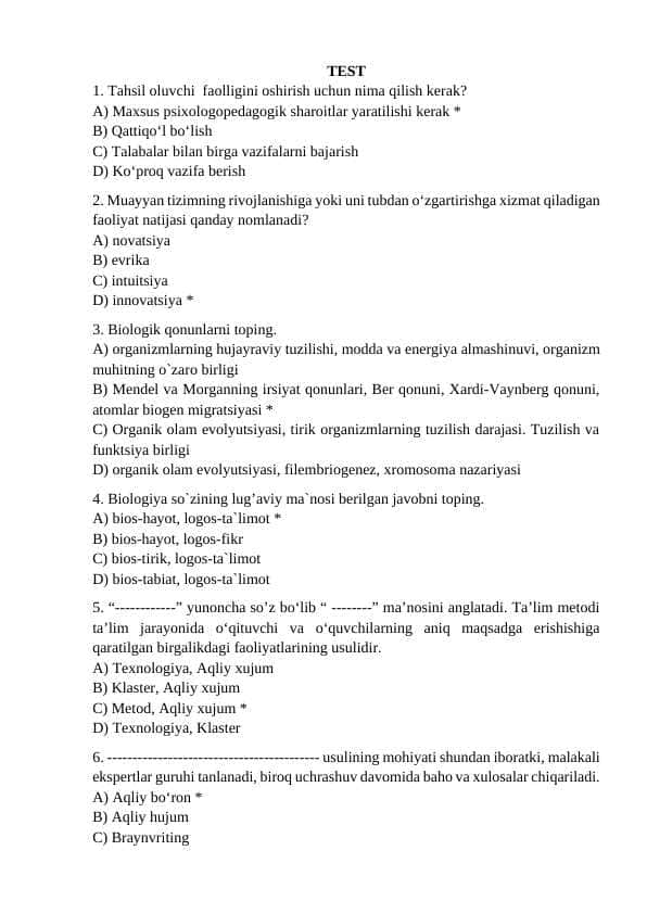 TEST BIOLOGIYA O`QITISH METODIKASI