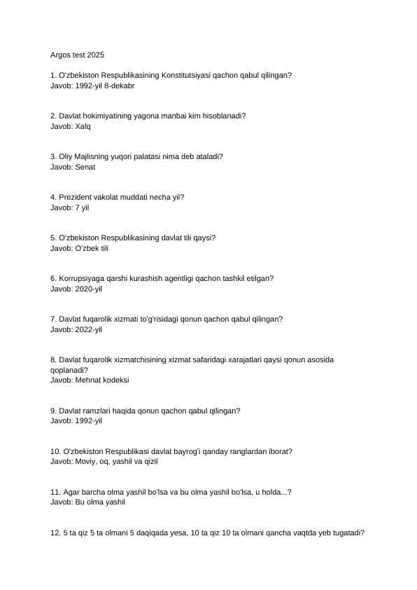 Davlat xizmatchisi Argos test 2025