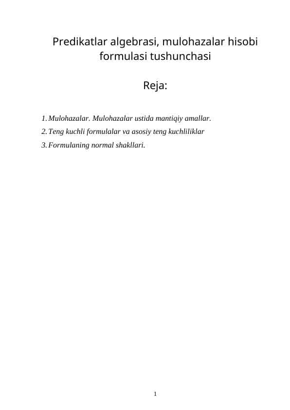 Predikatlar algebrasi, mulohazalar hisobi formulasi tushunchasi