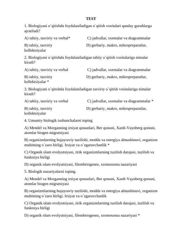 Biologiya o`qitish metodikasi Test