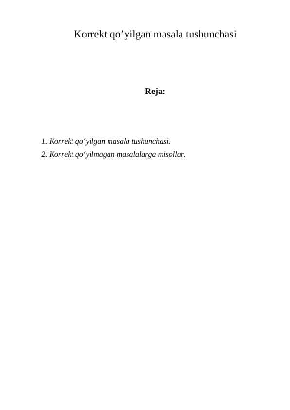 Korrekt qo’yilgan masala tushunchasi