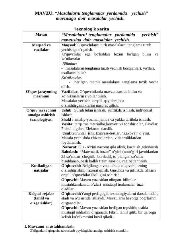 Masalalarni tenglamalar yordamida yechish” mavzusiga doir masalalar yechish