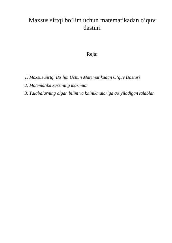Maxsus sirtqi bo’lim uchun matematikadan o’quv dasturi