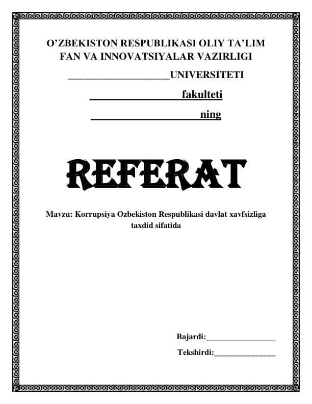 Korrupsiya Ozbekiston Respublikasi davlat xavfsizliga taxdid sifatida