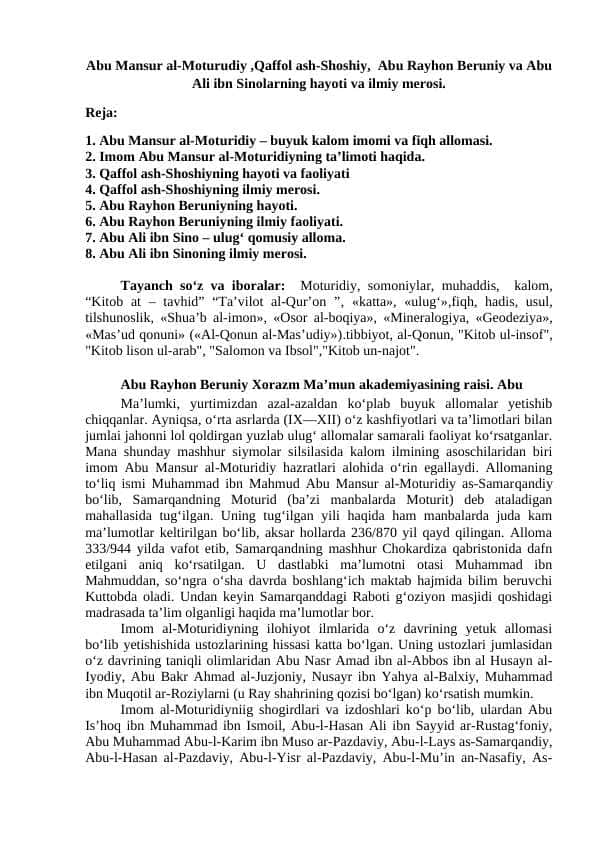 Abu Mansur al-Moturudiy ,Qaffol ash-Shoshiy, Abu Rayhon Beruniy va Abu Ali ibn Sinolarning hayoti va ilmiy merosi