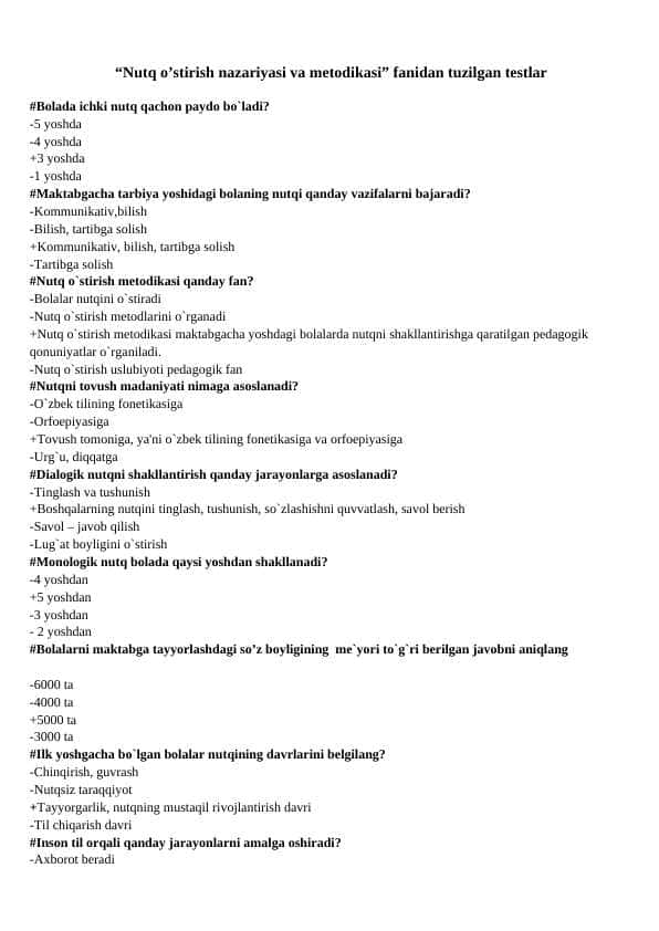 Nutq o’stirish nazariyasi va metodikasi fanidan test savoli javobi bilan