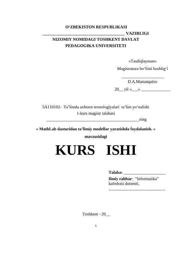 MathLab dasturidan ta’limiy modellar yaratishda foydalanish
