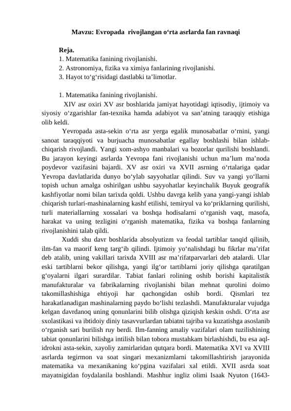 Yevropada rivojlangan o‘rta asrlarda fan ravnaqi